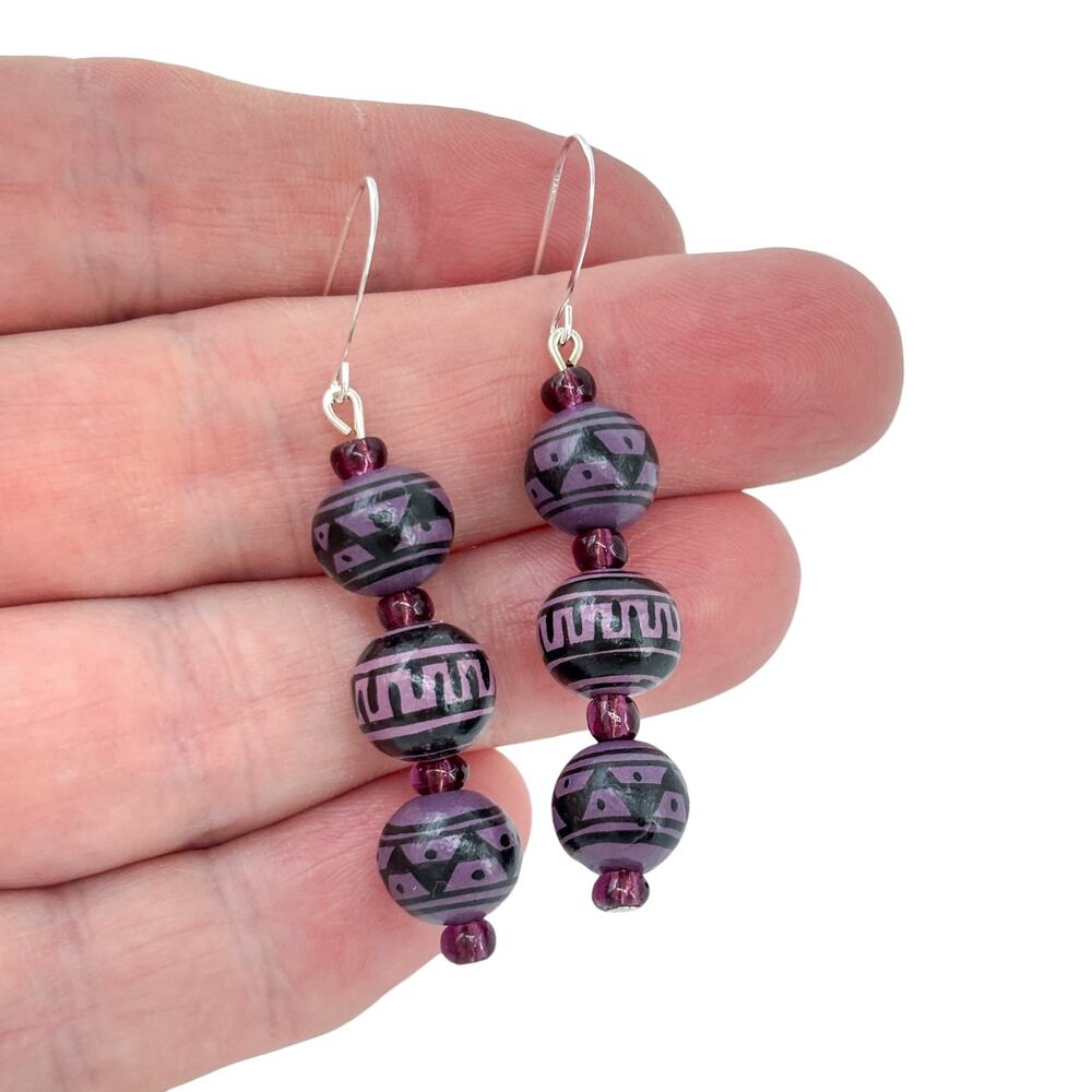 Vintage Sterling Silver 925 Purple Geometric Wood & Glass Beaded Earrings